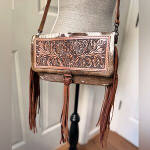 NWOB American Darling Hair on Hide Tooled Leather Fringe Crossbody Bag/Wallet